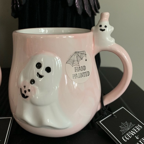 COBWEBS & CAULDRONS pink ghost Halloween mug set with mini ghost on handle - Picture 2 of 3